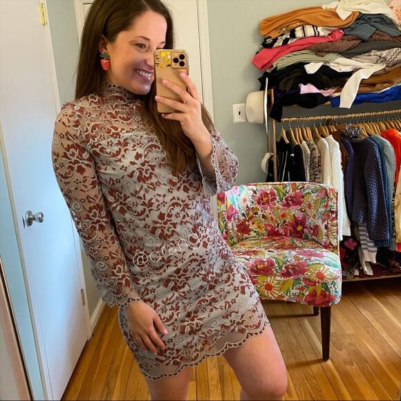 GANNI Blue Red Floral Lace Mockneck Long Sleeve Formal Mini Dress Comfy Event S - Picture 12 of 16